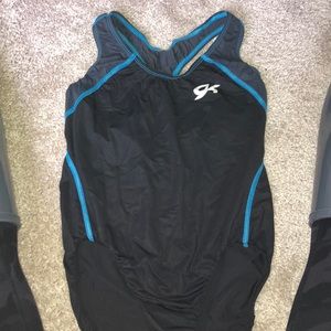 blue and black GK gymnastics leotard